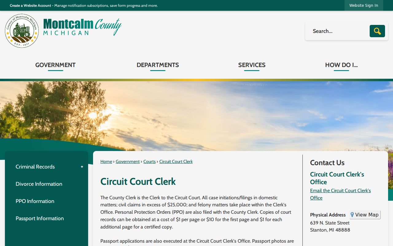 Montcalm County court case records at the Circuit Court Clerk page